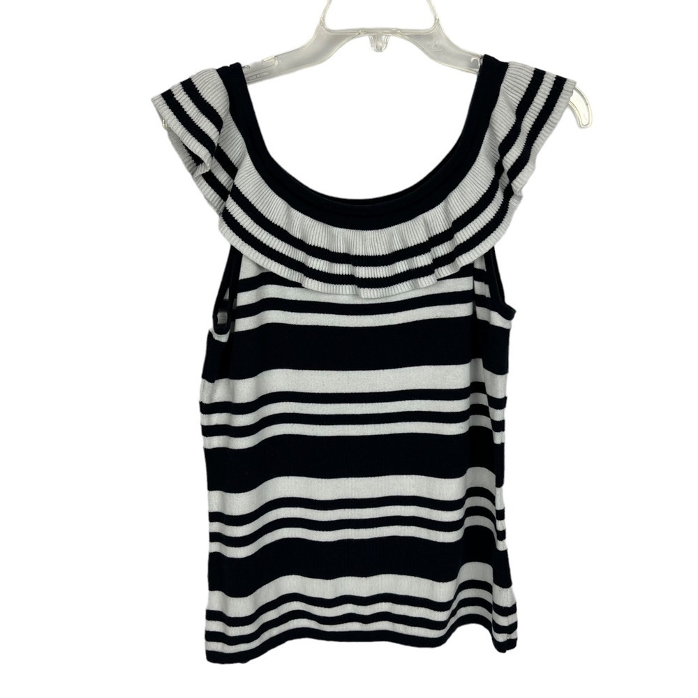 ANN TAYLOR LOFT Women’s Pullover Top Sz Small Blue & White 3.5” Ruffle Stretch